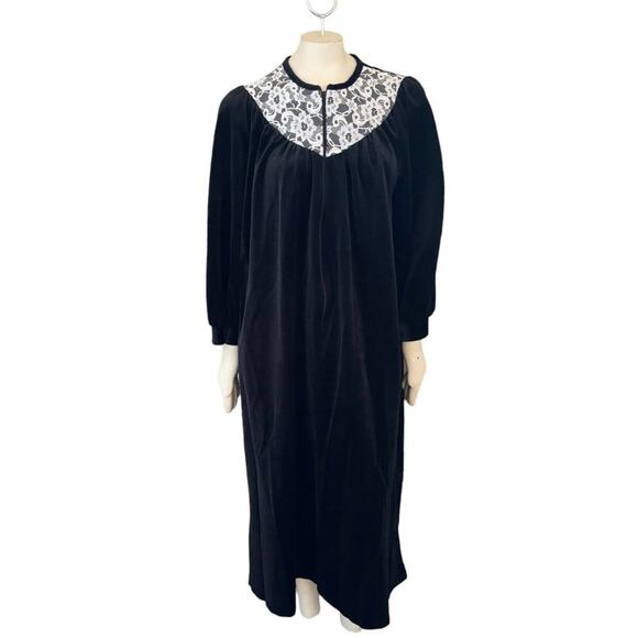VTG ANNE LESLIE Floral Lace Bib Black Velvet Half Zip Full Length Robe SZ XL - Picture 2 of 11